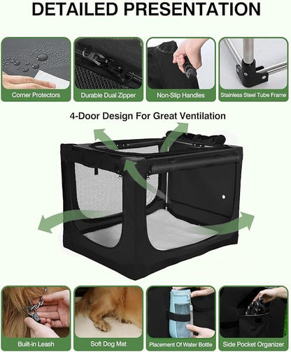 24 Inch Collapsible Travel Dog Crate for Medium Large Dogs, Portable Dog Crate 4-Door Foldable Soft Kennel with Chew-Proof Mesh Windows for Indoor & Outdoor Travel,with Storage Bag,Black