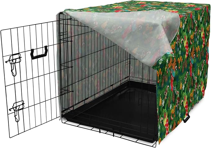 Ambesonne Christmas Dog Crate Cover, Xmas Accessories Stockings Candies Horse Teddy Bear on Pine, Easy to Use Pet Kennel Cover for Medium Large Dogs, 48 Inch, Green Brown