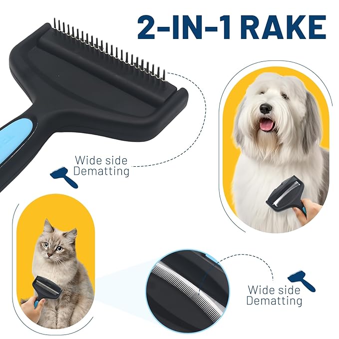 2-Sided Dematting & Deshedding Comb for Pets, Larger Size - 2 Types of Stainless Steel Brush Heads, Ergonomic Handle