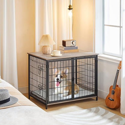 Dog Crate Furniture with Cushion, Wooden Dog Kennel with Double Doors, Heavy Duty Dog Cage for Small/Medium/Large Dogs, Indoor Dog House End Table, 31.5" L, Greige DCHG0701