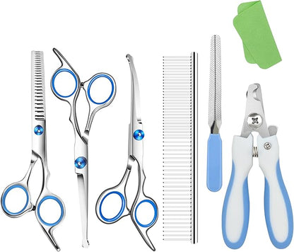 Dog Grooming scissors Kit,Includes Curved Thinning straight scissors,Comb,Grooming nail clipers,Nail Trimmer,Dog Grooming Scissors with Safety Round Tips,pet Grooming kit for Small Dogs&Puppies