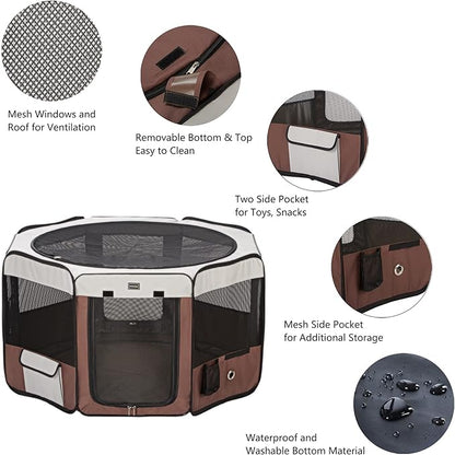 DONORO Dog Playpen 46" Portable Pet Play Pens for Small Medium Dogs, Foldable Exercise Kennel Tent Crate Indoor/Outdoor Travel Camping, Removable Top/Bottom (Brown, Large (46"x46"x23"), 8)