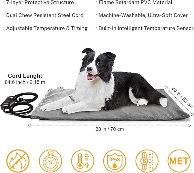 Toozey Pet Heating Pad, 6 Adjustable Temperature Dog Cat Heating Pad with Timer, Waterproof Heated Dog Bed for Dogs with Chew Resistant Cord, Indoor Heating Pad for Dogs Cats, Pet Heated Mat 28x20in