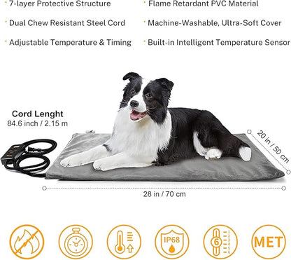 Toozey Pet Heating Pad, 6 Adjustable Temperature Dog Cat Heating Pad with Timer, Waterproof Heated Dog Bed for Dogs with Chew Resistant Cord, Indoor Heating Pad for Dogs Cats, Pet Heated Mat 28x20in