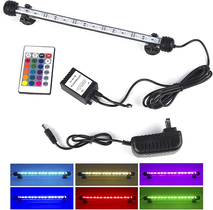 Fish Tank Lights, LED Aquarium Lights RGB Waterproof Color Changing Adjustable Memory Submersible Remote Control Underwater Aquarium Tank Hood Strip Lamp Waterfall Lights, 11 inch
