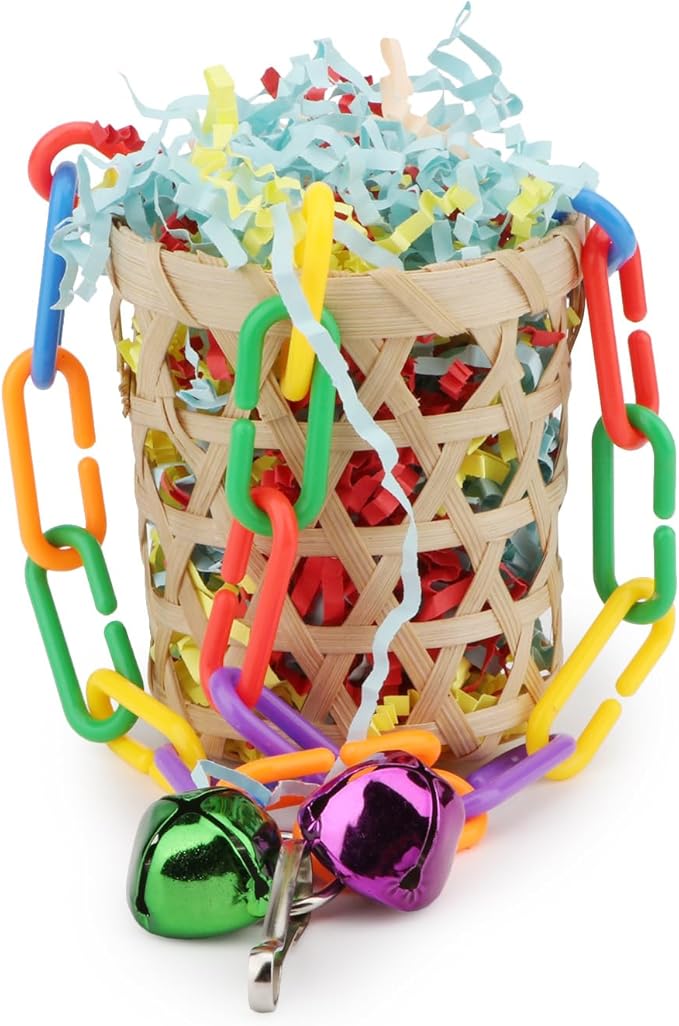 Wontee Bird Toys Colorful Shredding Crinkles Foraging Toys Natural Sola Ball for Parrots Cockatiels Conures Parakeets Budgies Senegal (Bamboo Basket (1 Pack))