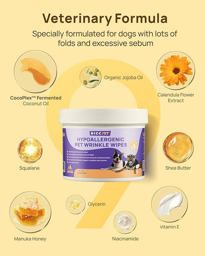 HICC PET Wrinkle Wipes for Dog & Cat, Cleaning Deodorizing Nourish Fur Coconut Oil Grooming Pet Wipes, Hypoallergenic - 100 Count