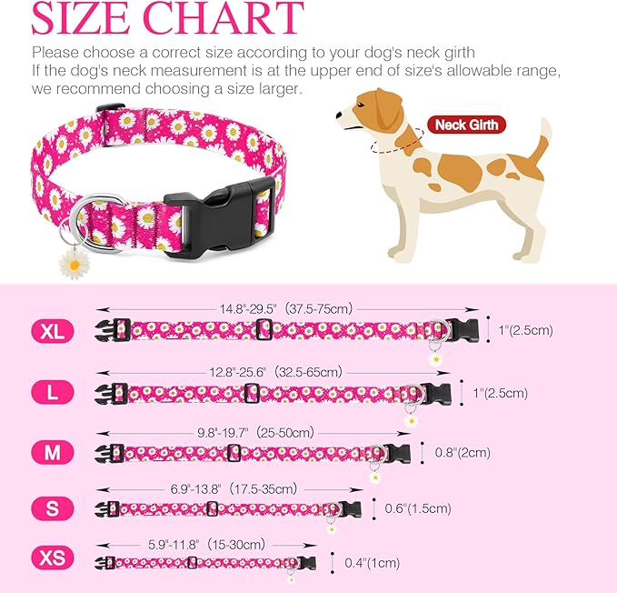 BiPawTi Floral Dog Collars for Medium Dog - Soft Cute Dog Collars for Girls Dog Pretty Flower Collar with Daisies Charms, Gift for Female Male Boys Girls Dogs (M, Pink)
