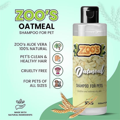 Zoo’s Pet Oatmeal Dog Shampoo for Cats and Pets Fast Absorbing Moisturize Skin Provides Relief to Dry, Itchy Skin While Softening Your Pet’s Coat - 1x Dog and Cat Shampoo (500ml / 16.9oz)