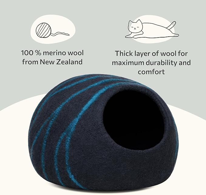 MEOWFIA Cat Cave  Premium Felt Cat Bed for Indoor Cats, Handmade 100% Merino Wool (Large, Black Aqua)