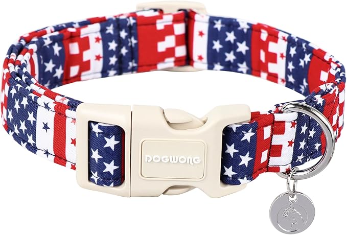 DOGWONG Cotton Dog Collar - 4th of July Durable Soft Natural Fabric Pet Collar, Cute Patriotic Puppy Necklace for Small Medium Large Dogs