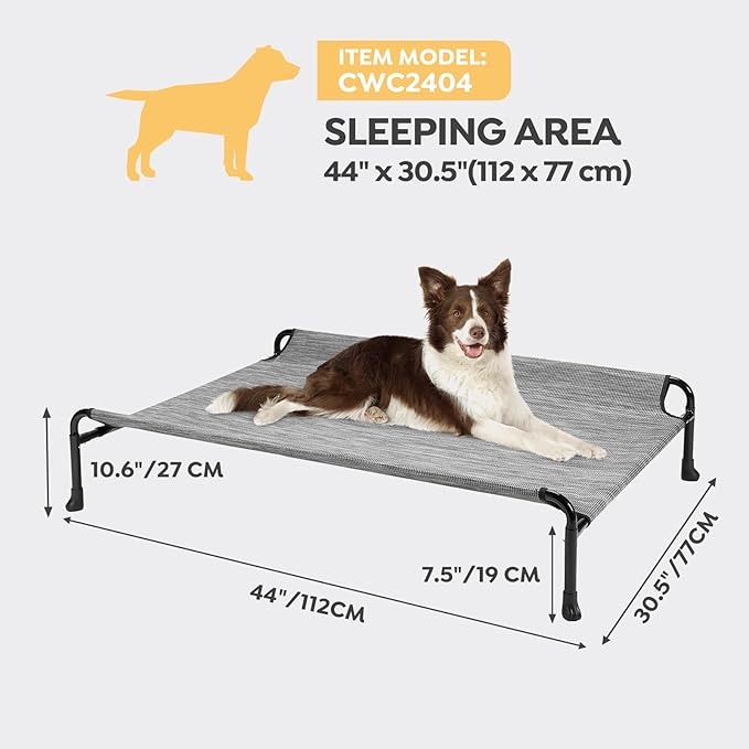 Veehoo Cooling Elevated Dog Bed, Raised Dog Beds for Large Dogs, Outdoor Dog Bed with Guardrail, Upgraded Non-Slip Feet, Breathable Teslin Mesh, Portable Camping Dog Cot, Large, Black Silver, CWC2404