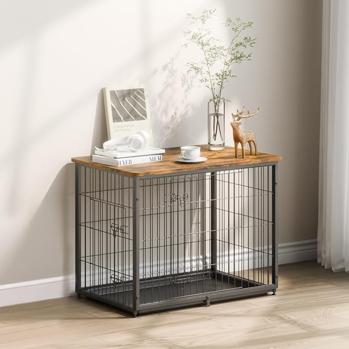 VEVOR 33" Dog Crate Furniture, Dog Kennel Furniture with Double Doors, 2-in-1 Decorative Wooden Dog Crate with Removable Tray, Dog Crate End Table Hold up to 45 lbs for Small, Medium Dogs Brown