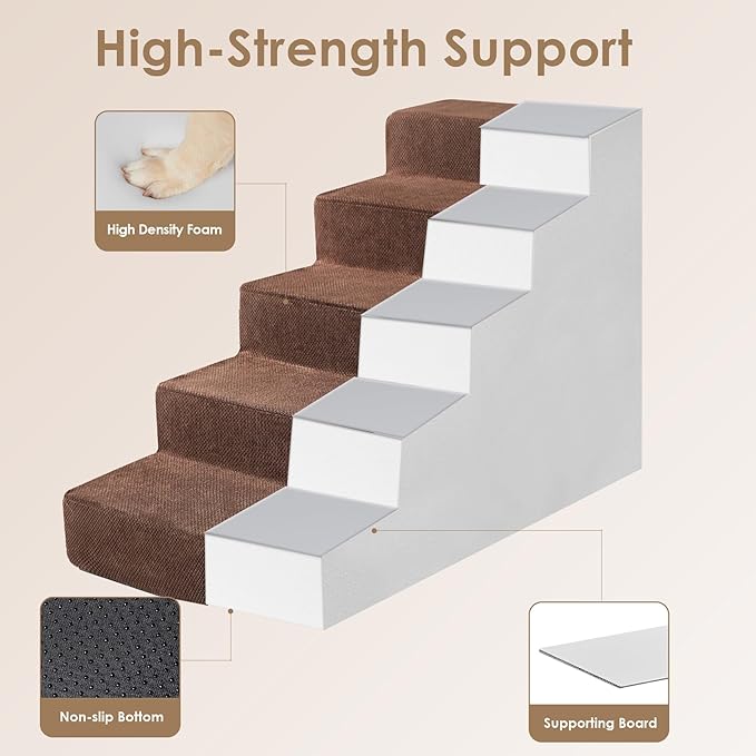 EHEYCIGA Dog Stairs for High Beds 22.5" H, 5-Step Dog Steps for Small Dogs and Cats, Slope Pet Steps with Non-Slip Bottom, Brown