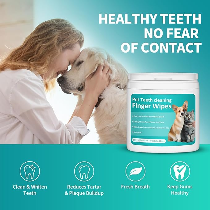 PITHER Dog Teeth Cleaning Wipes, 50 Counts Pet Teeth Dental Wipes for Dogs & Cats Gentle Non-Irritating Soft Tooth Brushing Kit Removing Plaque & Tartar Buildup Freshen Bad Breath