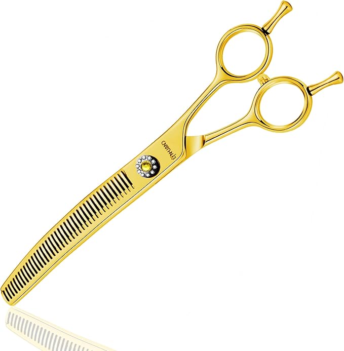 7" Professional Curved Thinning Scissors for Dog Grooming Sharp Blades Blending Shears Dog Grooming Scissors Japan 440C Stainless Steel Smooth Motion & Fine Cutting(Gold)