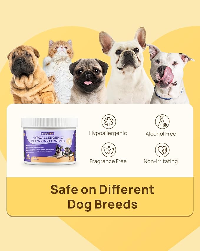 HICC PET Cleansing and Deodorizing Tear Stain Wipes, with Coconut Oil to Nourish Coat, Hypoallergenic Formula, 100 Count