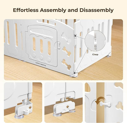 Dog Playpen with Door & Whelping Box, 6-Panel Lightweight Plastic Fence for Small to Medium Pets, Indoor/Outdoor Use, Portable, Durable, Non-Slip, Easy Assembly (White, Regular, 6)