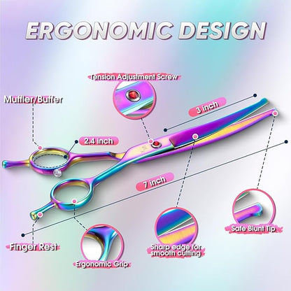 7" Curved Dog Grooming Scissors with Safe Round Tip, Rainbow Pet Fur Scissors, Japanese Stainless Steel 440C, Sharp and Sturdy Grooming Shears for Novice and Professional Groomers