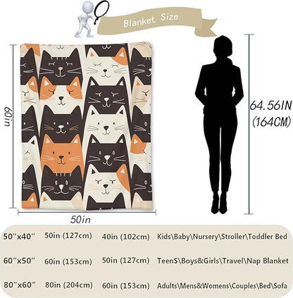 Cartoon Cat Flannel Throw Blanket, Soft Cozy Lightweight Animal Blankets for Couch, Bed, Travel, Outdoor & Decor, Warm Fluffy Fuzzy Blanket for Adults Kids 50×40 in