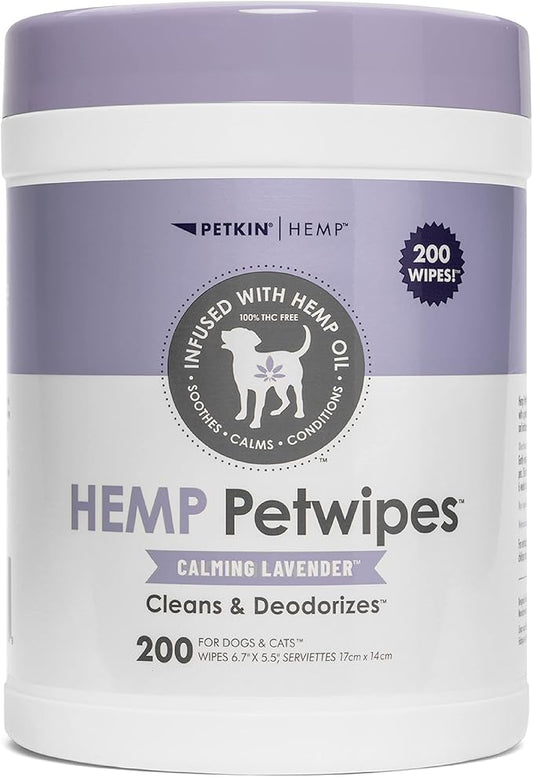 Petkin Hemp Pet Wipes for Dogs and Cats - with Hemp Oil & Calming Lavender Scent, 200 Count - Soothes, Calms & Conditions - Wipes for Pet's Face, Eyes and Body - for Home or Travel