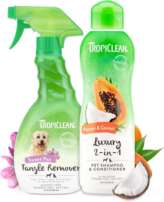 TropiClean 2-in-1 Dog Shampoo and Conditioner & Dog Detangler Spray Dematting, Grooming Bundle, Puppy Safe, Made in USA
