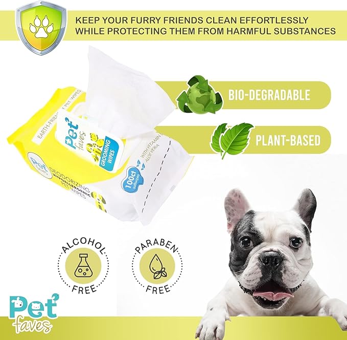 Pet Faves Dog Wipes for Cleaning and Deodorizing | Hypoallergenic Grooming Wipes for Paws and Butt, Clean Face & Body Between Baths, Plant Based Natural Pet Wipes for Dogs and Puppy (100 Count)