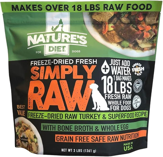 Nature's Diet Simply Raw® Freeze-Dried Raw Whole Food Meal - Makes 18 Lbs Fresh Raw Food With Muscle, Organ, Bone Broth, Whole Egg, Superfoods, Fish Oil Omega 3, 6, 9, Probiotics & Prebiotics (turkey)