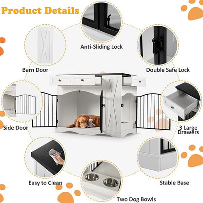 Ball & Cast 43.3" 2-in-1 Dog Crate Furniture,Modern Indoor Kennel with 2 Drawers&Storage Shelves,Double Doors&Double Locks Design for 41-70 lbs Dogs,Living Room,Kitchen,Entryway Side Table,White