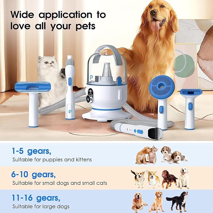 IDEALHOUSE Dog Hair Vacuum and Grooming Kit, 2L Dust Cup with 5 Grooming Tools, High Suction Power for Shedding Pet Hair, Low Noise for Stress-Free Grooming, Home Cleaning, White and Blue