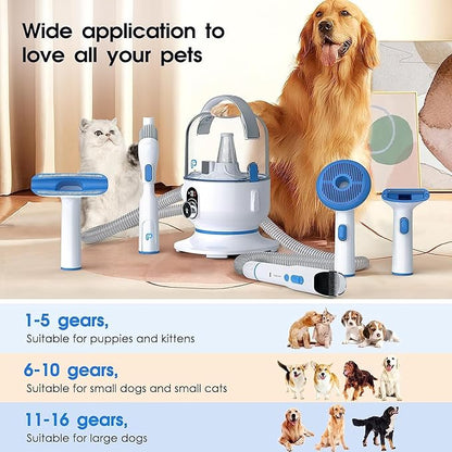 IDEALHOUSE Dog Hair Vacuum and Grooming Kit, 2L Dust Cup with 5 Grooming Tools, High Suction Power for Shedding Pet Hair, Low Noise for Stress-Free Grooming, Home Cleaning, White and Blue
