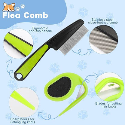 2PCS Flea Comb-Pet Knotting Comb, Tick Comb for Long Haired Pets- Remove Clumps Stainless Fine Tooth Dog Eye Comb Tear Stain Comb for Small Dogs Cat Pet Grooming Comb