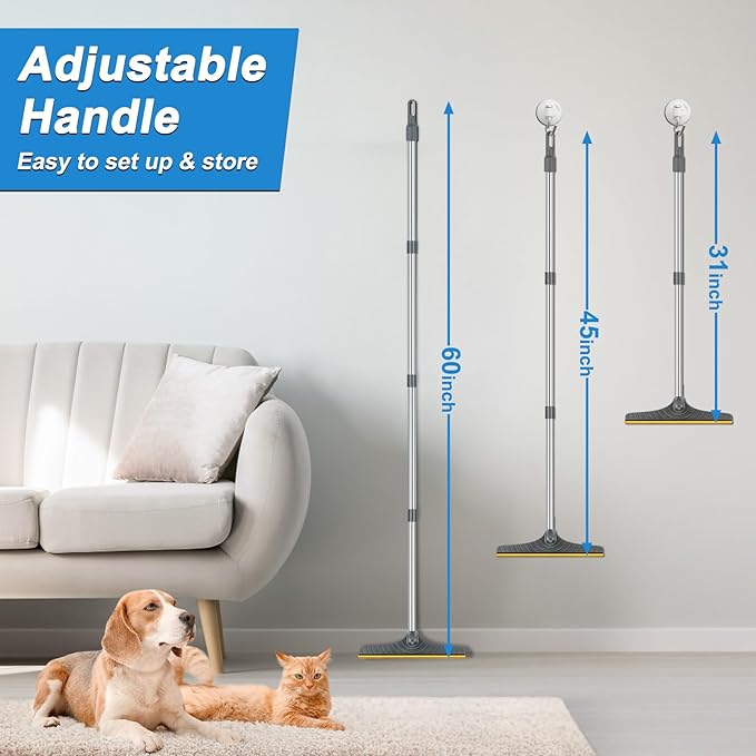 5FT Carpet Rake Pet Hair Remover, Reusable Carpet Rake with Telescopic Handle for Pet Hair Removal Tool Dog Cat Fur Remover Broom for Rugs, Mats, Beds, Stairs (Gray)