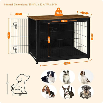 DWANTON Dog Crate Furniture with Cushion, Wooden Kennel Table with Double Doors, Indoor Dog House, Large Size, 38.5" L, Black+Warm Brown