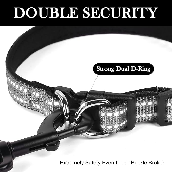 AUAUY Reflective Nylon Dog Collars, Adjustable Classic Pet Collars with Soft Neoprene Padding, Double Security Dual D-Ring and Quick Release Buckle for Small Puppy, Medium and Large Dogs (Black-S)