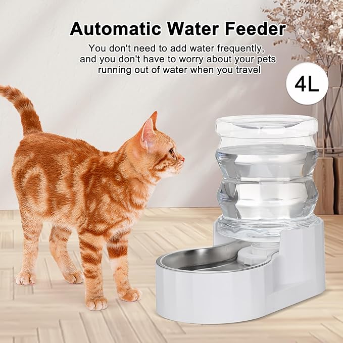 RIZZARI Pet Water Bowl Dispenser: 4L Automatic Stainless Steel Gravity Feeder - Large Capacity for 8-20 LB Cats and Dogs with Joint Spine Pain - for Kitchen Bedroom
