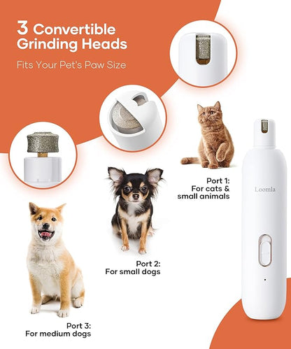 Loomla Dog Nail Grinder Upgraded - Professional 2 Speed Dog Nail Trimmers with Low Noise, USB Rechargeable Pet Nail Grinder, Paws Grooming and Smoothing for Dogs, Cats and Small Animals, White