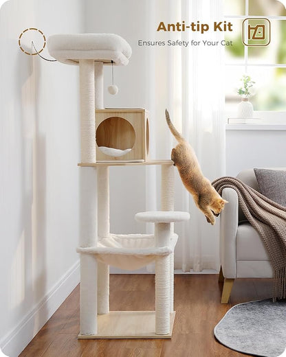 PETEPELA Wood Cat Tree for Indoor Cats Multi-Level Tower with Sisal Covered Scratching Posts, Cozy Condo, Super Large Hammock and Plush Perches Faux Rabbit Milk Fur Beige Rabbit Fur Wood Beige