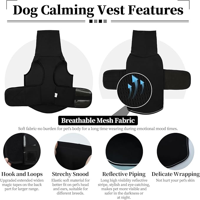 ROZKITCH Dog Anxiety Vest Hoodie with Head Cover, Jacket for Noise Block & Ear Protection, Calming Coat for Travel & Vet Visits Black S
