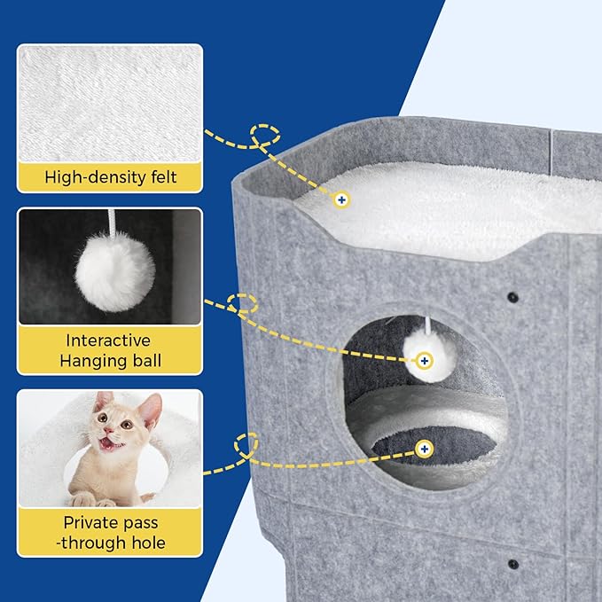Cat House for Indoor Cats Large Cat Bed Cave 2-Storey Cats Condo with Cozy Felt Covered Hideaway for Multiple Pets Grey