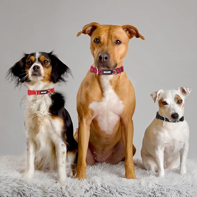 azuza 3 Pack Christmas Nylon Dog Collars Buffalo Check Durable and Comfortable Dog Collars with ID Tag Ring Adjustable for Medium Dogs, M (14-20inch)
