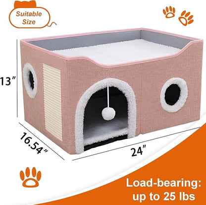 Cat Houses for Indoor Cats - Large Cat Bed Cave with Scratch Pad and Fluffy Ball, Foldable Cat Condo Hideaway with Reversible Cushion for Multi Small Pet, Pink