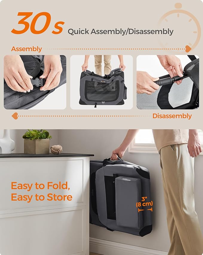 Feandrea 28 Inches Collapsible Soft Dog Crate, Portable Travel Dog Crate for Indoor and Outdoor Use, Dog Carrier Kennel with Safety Zippers, for Living Room, Car, Travelling, Camping, Gray UPDC70GY