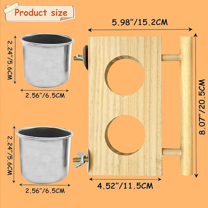 Tfwadmx Bird Food Stainless Steel Cups Wooden Perch Stand Hanging Feeder Bowls Feeding and Watering Supplies for Parakeets Conures Cockatiels Budgie Parrot