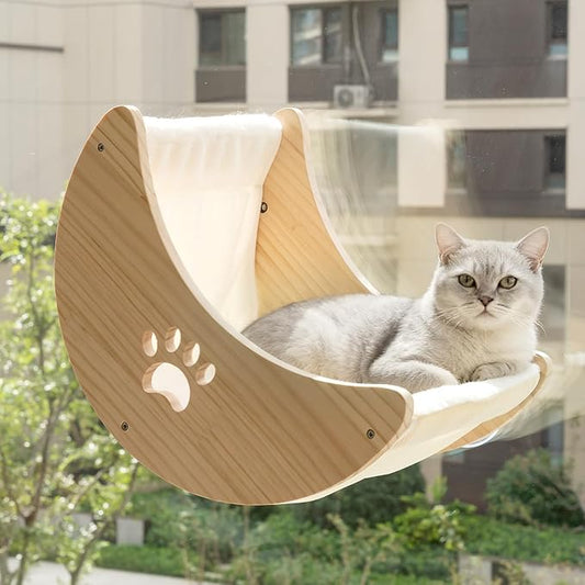 Cat Window Perch Hammock Bed for Indoor Cats Wooden Moon Cat Shelves with Strong Suction Cup Cat Furniture for Sleep Watch Birds Sunbathing Soft Warm Pet Bed