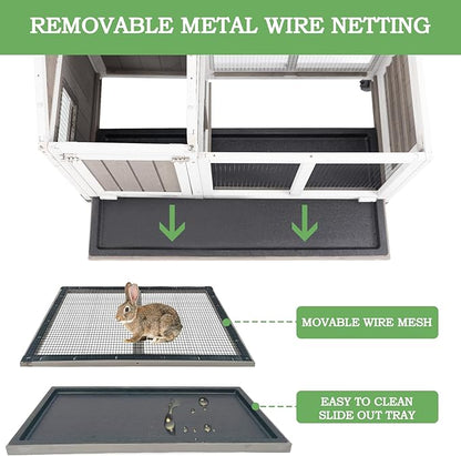 38.19"L Rabbit Hutch Indoor and Outdoor with 4 Wheels,Wooden Rabbit Cage with Pull Out Leak-Proof Tray for 1-2 Rabbits,Bunny Hutch with Asphalt Roof Suitable for Garden,Park,Living Room,Grey