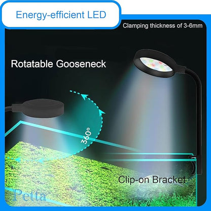 Clip On Aquarium Light for 1-3 Gal Fish Tank, USB Betta Fish Light for Nano/Small/Planted Tank(Dimmable White+Blue+Red+Green LED) Adjustable Brightness, Enhance Betta/Aquatic Plants Color