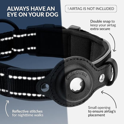 Airtag Dog Collar, CollarDirect, Reflective Dog Collar for Apple Air Tag for Large, Medium, and Small Dogs, Black, Size L