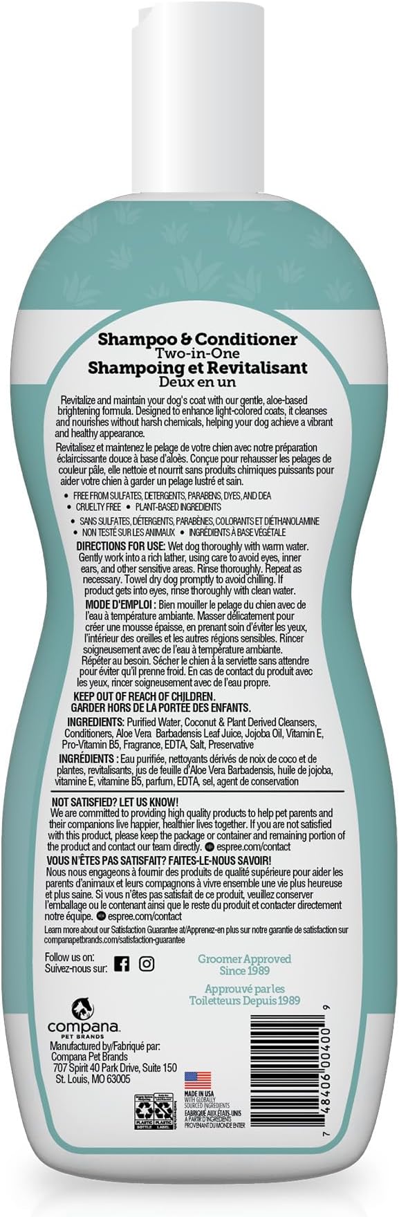 Espree Bright White Whitening Shampoo & Conditioner for Dogs, Stain-Removing, Brightening Formula for White and Light-Coated Pets, Gentle Whitening and Hydrating for Sensitive Skin, 20oz