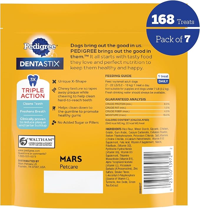 Pedigree Dentastix Small and Toy Breed Dog Treats, Original with Real Chicken, (7) 24ct Bags (168 Treats Total)